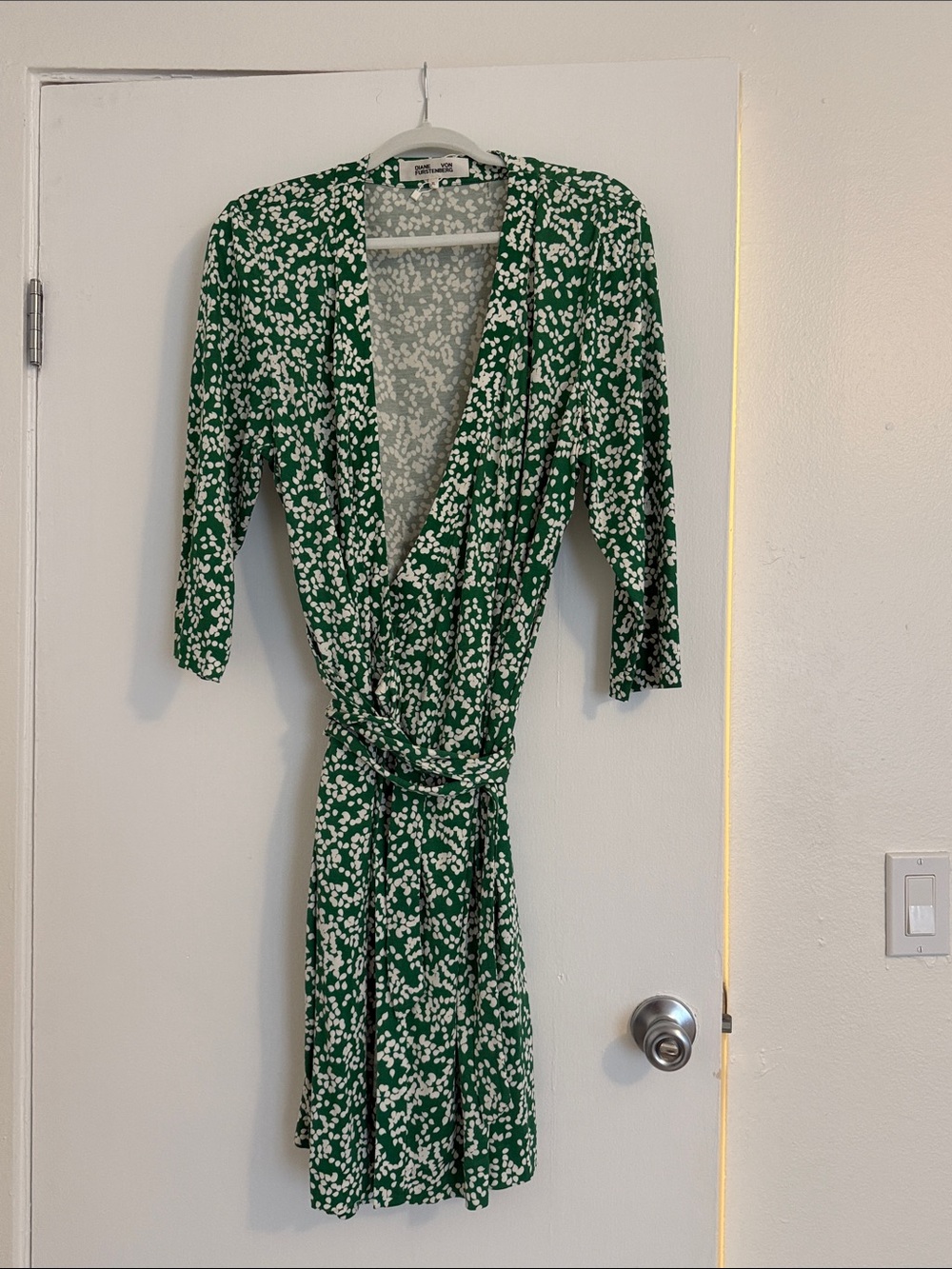 Diane Von Furstenberg Green and White Floral Wrap Midi Dress